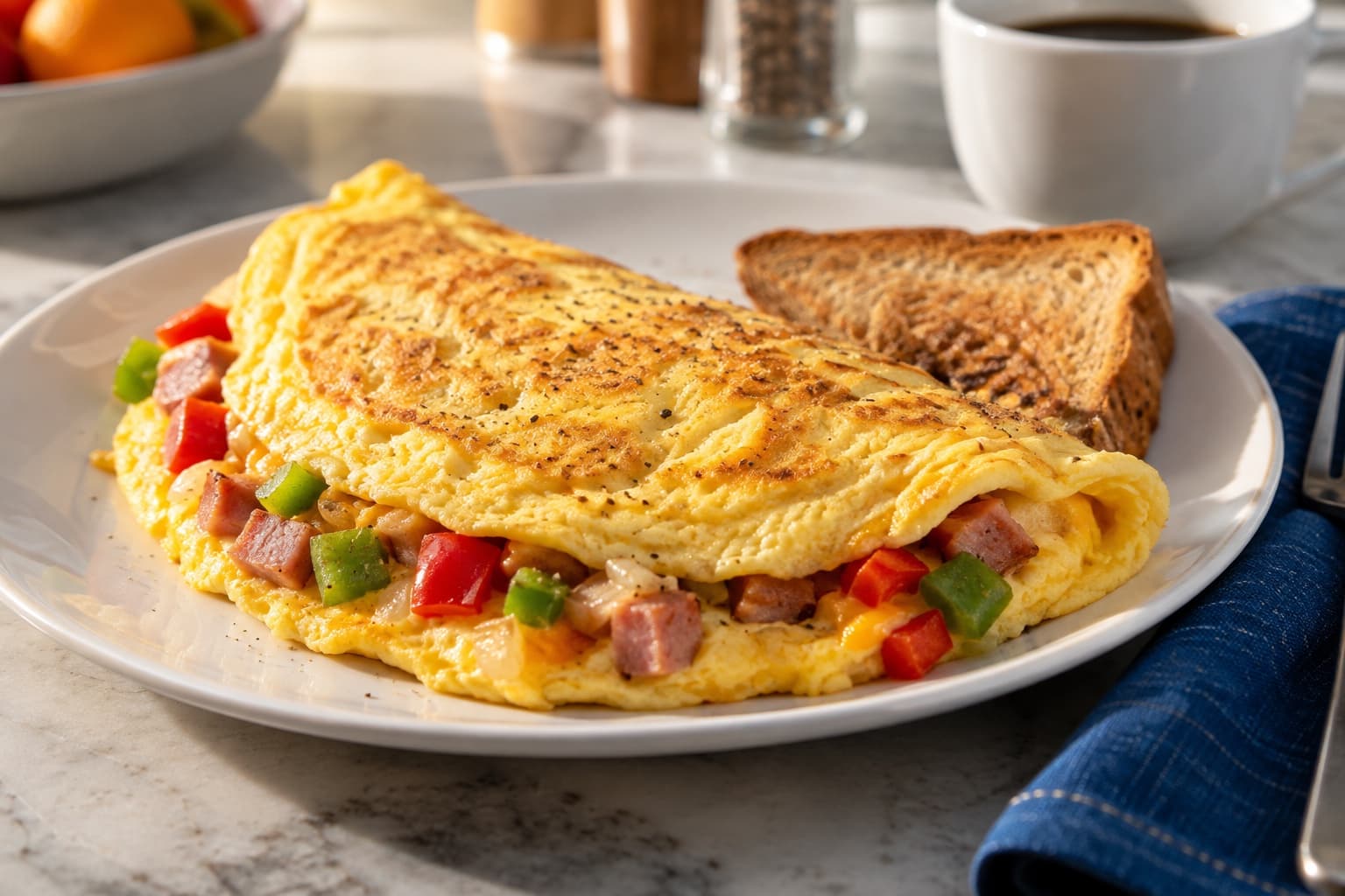 Freshly cooked omelette with toast