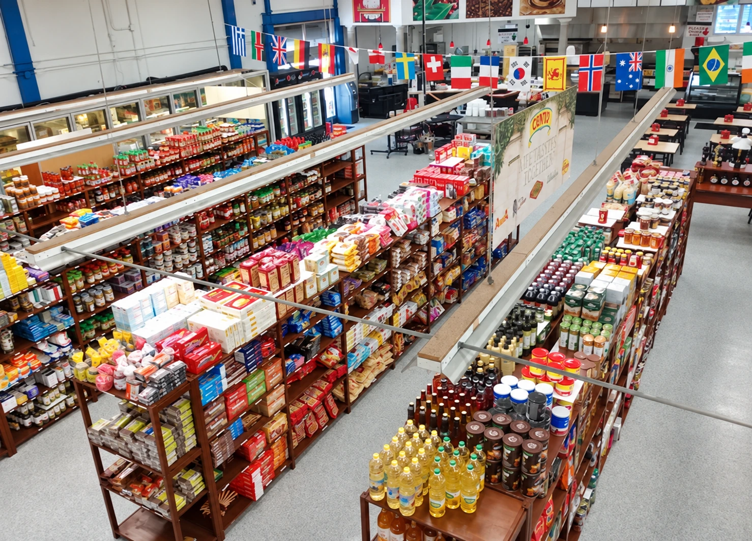 Overhead view of the grocery aisles inside Ralph's International Market